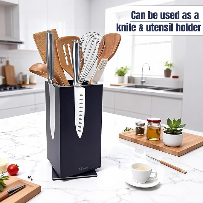 Dmore magnetic knife block without knives, 360° rotatable black magnet knife holder stand made of stainless steel, Extra Large capacity knife storage for knives and utensils for kitchen counter top