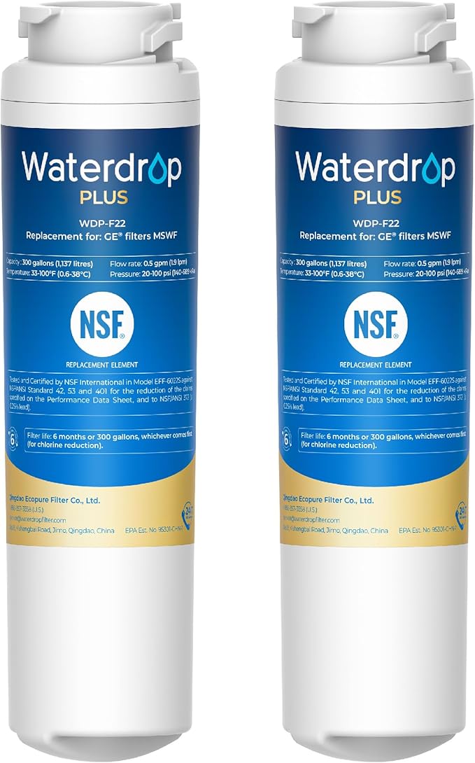Waterdrop Plus MSWF NSF 401&53 Certified Refrigerator Water Filter, 𝐑𝐞𝐝𝐮𝐜𝐞 𝐏𝐅𝐀𝐒 and lead, Replacement for GE® MSWF, 101820A, 101821B, RWF1500A, 2 Pack (Package May Vary)