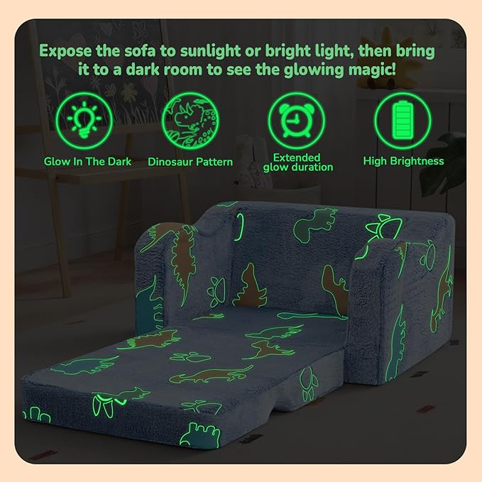 MeMoreCool Glowing Dinosaur Kids Chair, Glow-in-the-Dark Kids Couch for Boys Ages 1-3, 2-in-1 Convertible Fold-Out Sofa with Soft Foam and Washable Cover for Playroom and Reading | Living Room, Travel