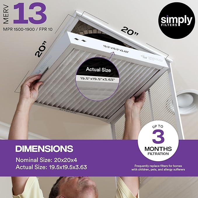 Simply 20x20x4 Air Filter, MERV 13, 4 Pack, Furnace Air Filter for HVAC (Actual Size:19.5"x19.5"x3.63") DUST, Pet, & Allergy Control