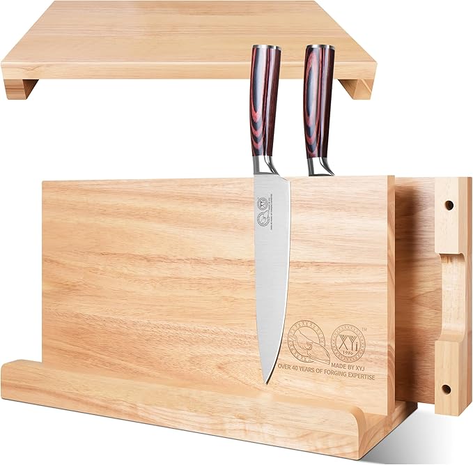 XYJ 3-in-1 Wooden Magnetic Knife Block Set – Powerful Magnet Knife Holder + 2 Chopping Boards, Space-Saving Countertop Organizer, Kitchen Cutlery Display Stand without Knives