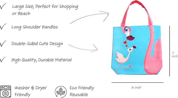 Flamingo Gift Bag - Pink Flamingo Gifts for Women, Purses and Handbags - Teacher Gifts Reusable Tote - Mothers Day - Book Tote Bag (Blue - Flamingo)
