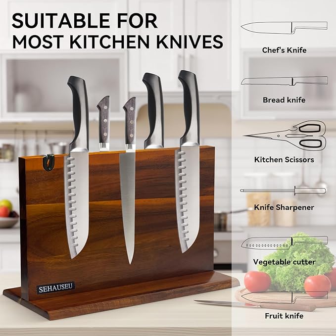 Double Sided Magnetic Knife Stand with sharpener,Kitchen Storage with Strong Magnets for Knives & Utensils,Modern Wooden Knife Block for Kitchen Countertops, Without Knives,14"x10"