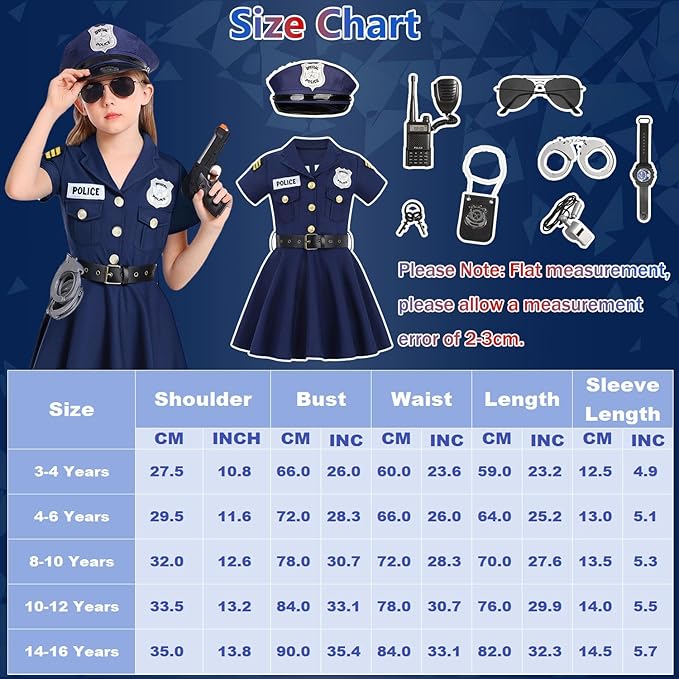 Halloween Police Officer Costume Dress Girls Kids Cop Thief Cosplay Outfits with 9 Pcs Accessories