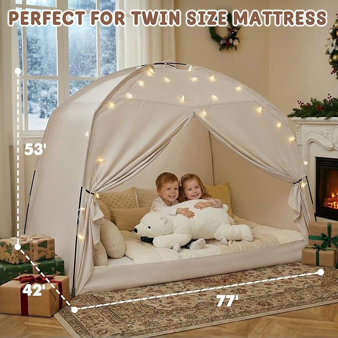 Twin Bed Tent for Kids, Indoor Play Tent with Star Lights, Cozy Privacy Space Birthday Gift for Boys & Girls