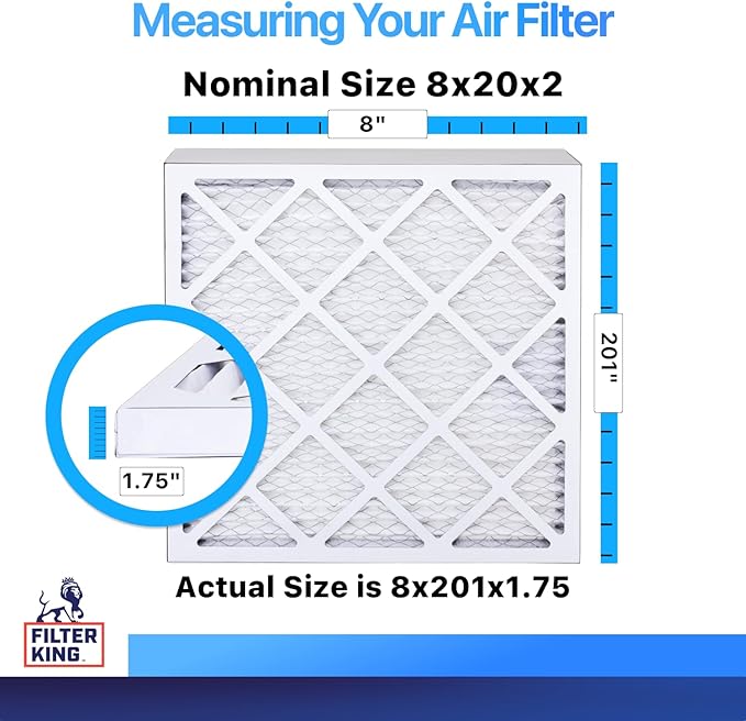 Filter King 8x20x2 Air Filter (MERV 8) (6-Pack) Dust & Allergy Control AC Furnace Filters, MADE IN USA, HVAC, Pleated, Electrostatic (Actual Size: 8 x 20 x 1.75)