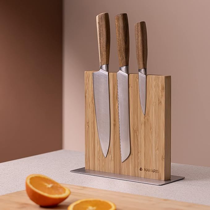 Navaris Magnetic Knife Block - Kitchen Storage with Strong Magnets for Knives & Utensils - Simple Modern Magnet Utensil Holder in Bamboo - 8.9" x 8.7"