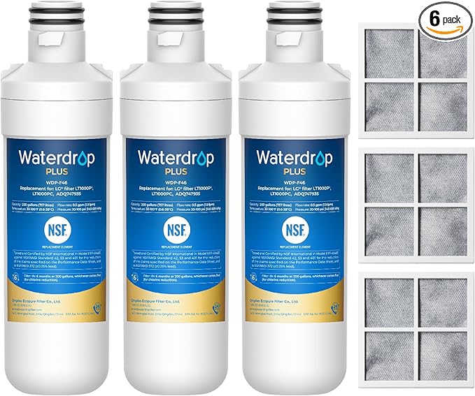 Waterdrop Plus LT1000PC ADQ747935 NSF 401 Refrigerator Water Filter and Air Filter, Reduce PFAS, Replacement for LG® LT1000P®, LRFWS2906V, LRMVS3006S, LMWS27626 and LT120F®, 3 Combo (Package May Vary)