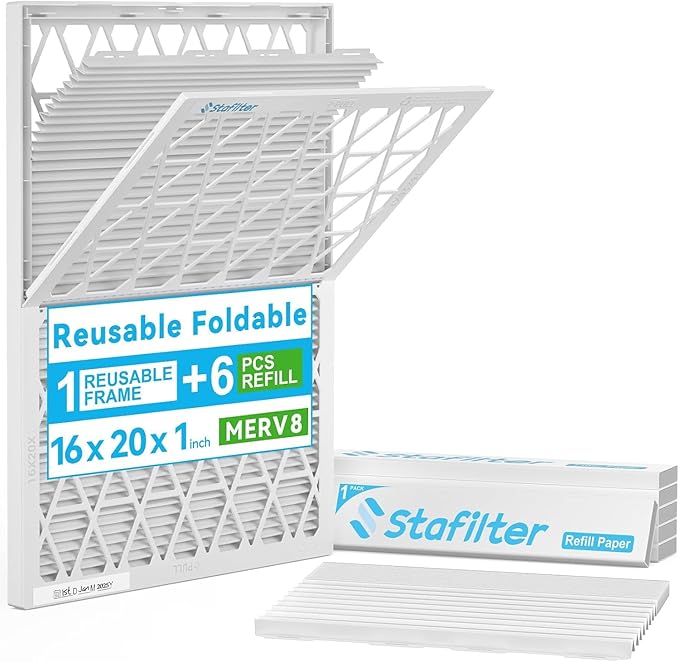 16x20x1 Air Filter MERV 8, 1 Foldable Frame + 6 Refills for Home AC Furnace & HVAC (Actual Size: 15.75"x19.75"x0.75") DUST, Pet, & Allergy