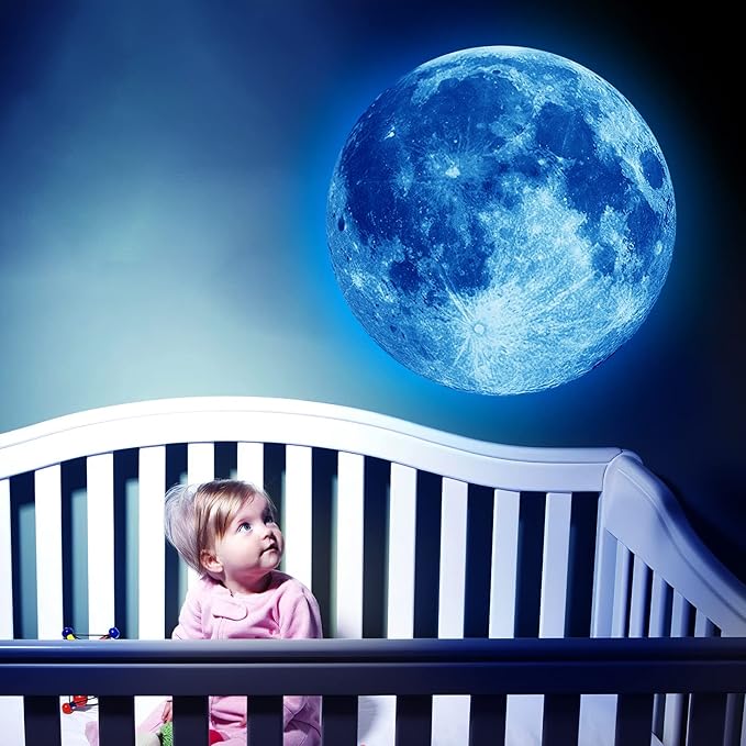 11.8 Inch Glow in The Dark Moon Wall Decal Stickers for Kids Ceiling Bedroom Wall Living Room, Blue