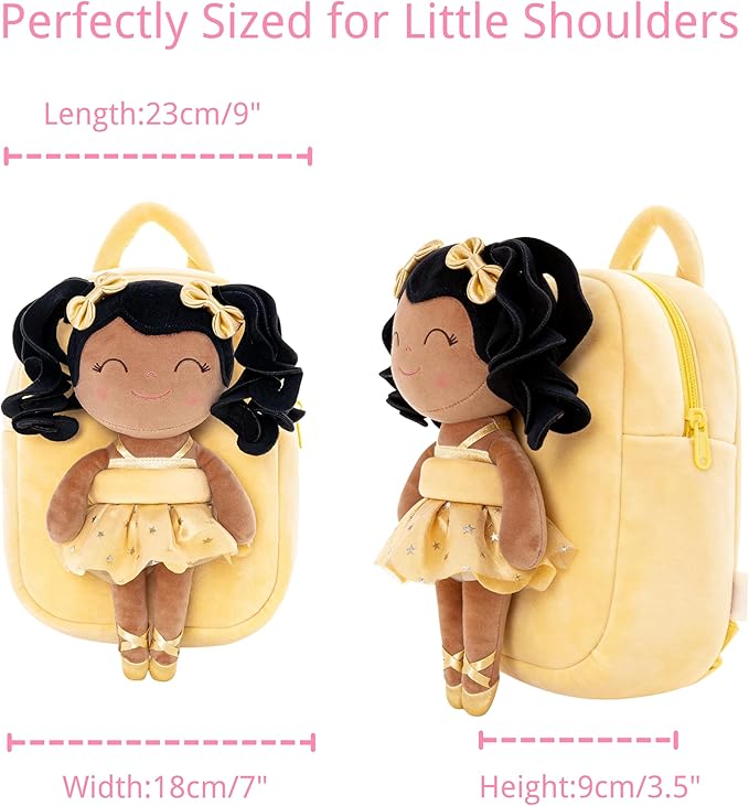 Gloveleya Toddler Backpack Baby Ballerina Girl Gifts Plush Curly Hair Ballet Backpack - Black Blonde 9 inches