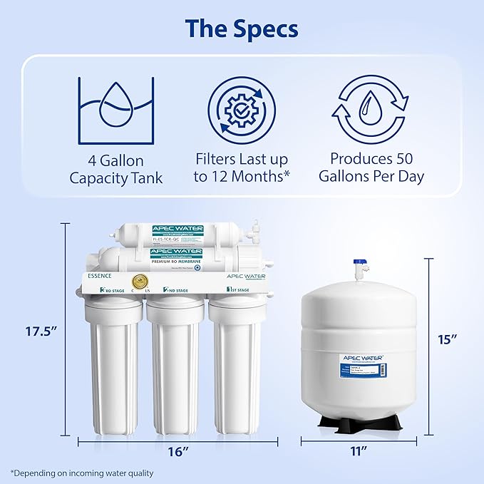 APEC Water 5-Stage Under Sink Reverse Osmosis Water Filter System, ROES-50 Essence Series, WQA Certified, 50 GPD, Reduces 99.99% of Contaminants, Home Water Filtration, DIY Install