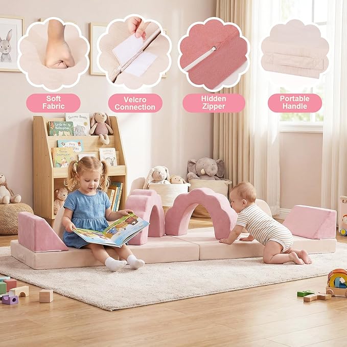 Flower Kids Play Couch 10PCS Toddler Couch High Density Foam Sectional Sofa Playroom Kids Furniture for Girls and Boys Bedroom (Pink)