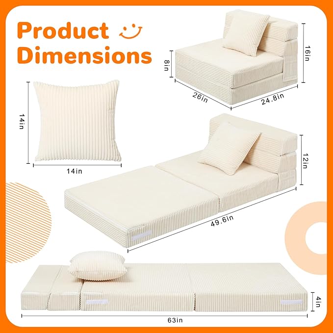 MeMoreCool Folding Sofa for Kids, Corduroy Fold Out Futon Chair, Small Foldable Floor Mattress, Portable Children Couch Sofa, Beige