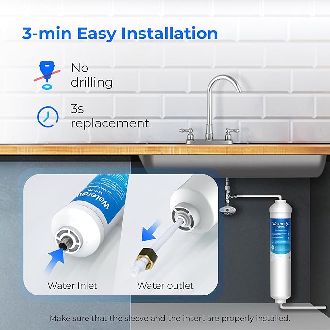 Waterdrop INL Inline Water Filter for Refrigerator and Ice Maker, 1 Year NSF Certified High Capacity Drinking Water Filtration System, Reduces Chlorine, Sediment, Bad Taste & Odor