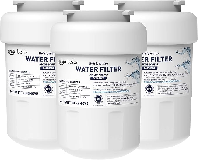 Amazon Basics Replacement Water Filter Cartridge Compatible with GE MWF Refrigerator, NSF Certified, 3-Pack