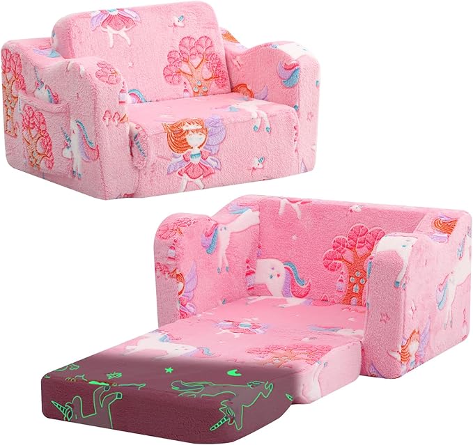 MeMoreCool Glowing Pink Fairy Kids Chair, 2-in-1 Fold-Out Kids Couch and Sofa for Girls Ages 1-3, Comfy Foam Lounger for Playroom Nursery with Glow in the Dark Design and Washable Cover | Reading, Relaxing