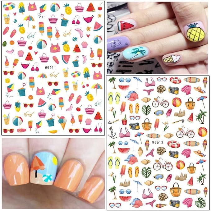 Summer Nail Art Stickers Holographic 3D Self-Adhesive Sticker Design Bikini Flamingo Beach Starfish Fruits Ice Cream Leaf Nail Art Decals for Women Girls Manicure Decoration DIY Nail Decal Supplies