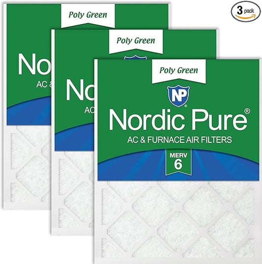 Nordic Pure 16x25x1 (Actual Size: 15 1/2 x 24 1/2 x 3/4) Poly Green MERV 6 AC Furnace Air Filters – Reduces Dust, Pollen, Pet Dander & Allergens – 3-Pack