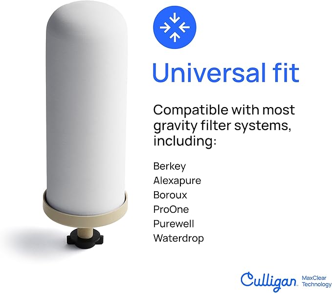 Culligan MaxClear 7” Gravity Water Filter Replacement Compatible with ProOne & Berkey Water Filter Systems, Ceramic & Carbon Filter NSF/ANSI Certified, Reduce Total PFAS, Microplastics & Lead, 2-Pack