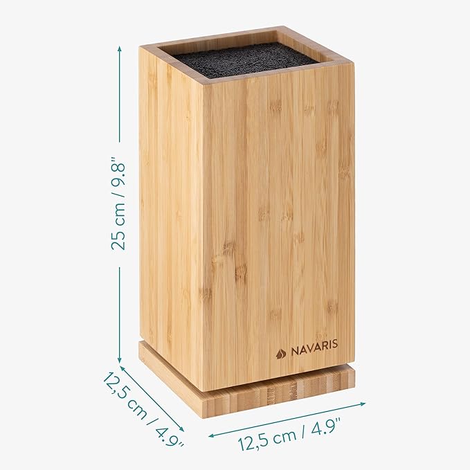 Navaris Bamboo Kitchen Knife Block - Magnetic Rotating Bristle Knife Holder - Universal Knife Block Storage Stand with Bristles - 9.8" x 4.9" x 4.9"