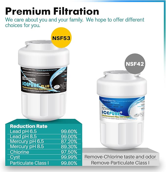 ICEPURE PLUS NSF53&42 RWF0600AH Replacement for GE MFW, MWFP, 197D6321P006, WFC1201, MWFA, PC75009, HDX FMG-1, 46-9996, Refrigerator Water Filter 2PACK