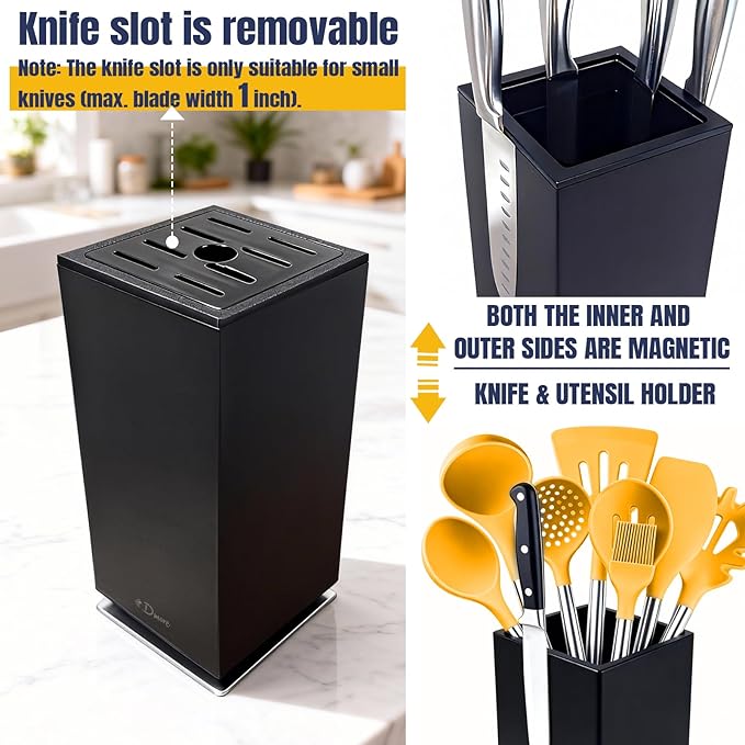 Dmore magnetic knife block without knives, 360° rotatable black magnet knife holder stand made of stainless steel, Extra Large capacity knife storage for knives and utensils for kitchen counter top