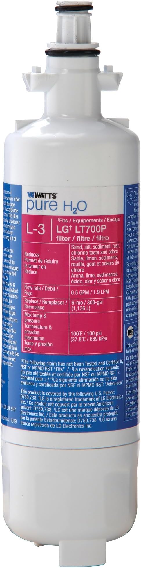 Watts L-3 LG Refrigerator Water Filter Replacement Cartridge, Compatible with LT1000P/ADQ73613401, 6-Month Life, Reduces Lead, Chlorine, Taste & Odor, NSF Certified