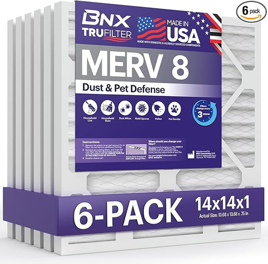 BNX TruFilter 14x14x1 Air Filter MERV 8 (6-Pack) - MADE IN USA – Dust & Pet Defense Pleated Air Conditioner HVAC AC Furnace Filters for Dust, Pet, Mold, Pollen MPR 600 – 700 & FPR 5
