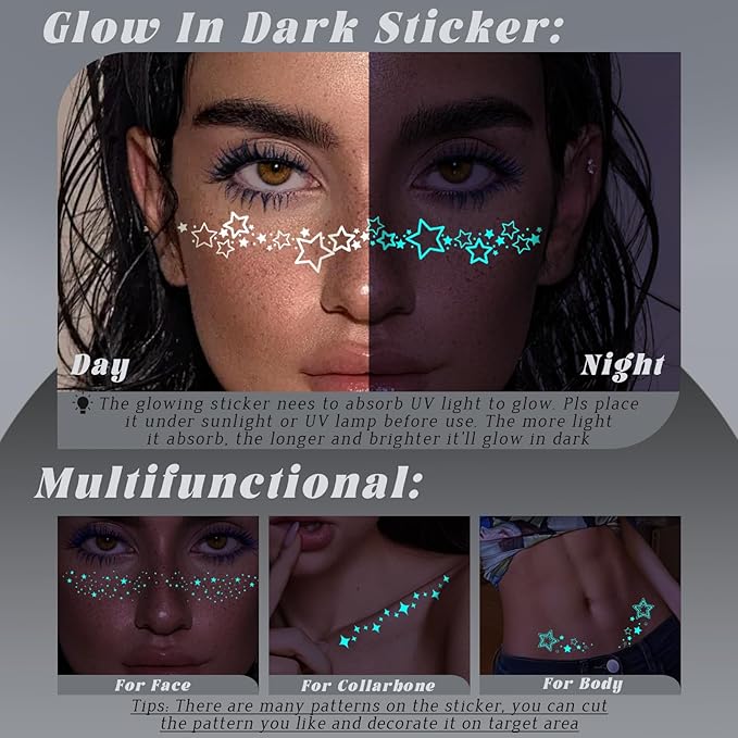 Noerrors Glow in Dark Glitter Freckles Star Gold Freckle Makeup Patches Set Nightglow Sparkle Face Glitter Shimmer Cute Faux Speckles Tattoo Sticker for Singer Music Festival Christmas Party