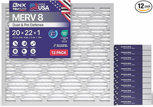 BNX TruFilter 20x22x1 Air Filter MERV 8 (12-Pack) - MADE IN USA – Dust & Pet Defense Electrostatic Pleated Air Conditioner HVAC AC Furnace Filters for Dust, Pet, Mold, Pollen MPR 600 – 700 & FPR 5