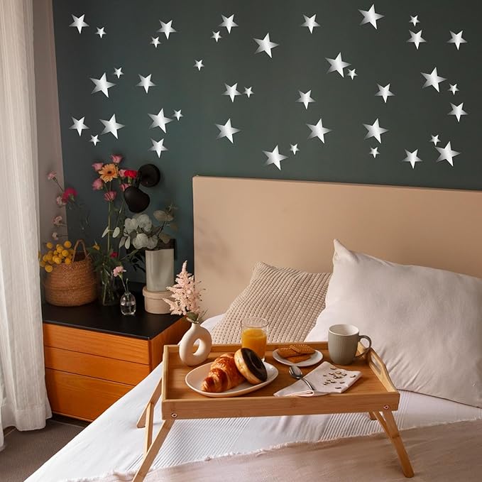 40 Pcs Silver Stars Mirror Wall Stickers, 3D Acrylic Mirror Wall Decorations for Living Room Removable Stars Stickers Art Decal for Bedroom Wedding Birthday DIY Wall Decor (Silver)