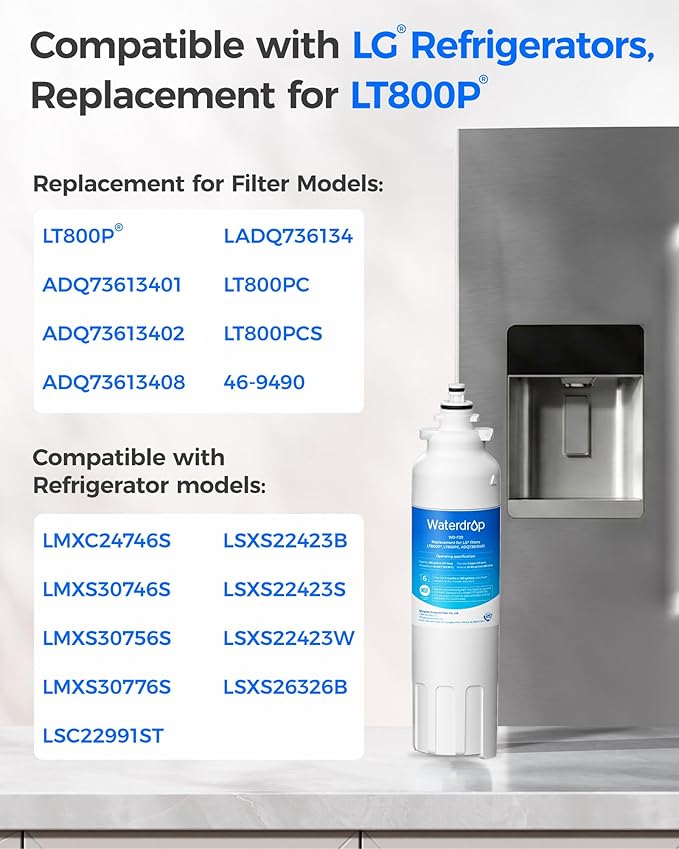 Waterdrop ADQ73613401 Refrigerator Water Filter, Replacement for LG® LT800P®, ADQ73613408, ADQ75795104, ADQ73613402, Kenmore 9490, 46-9490, LSXS26326S, LMXC23746S, LSXS26366S, WD-F20, Pack of 3