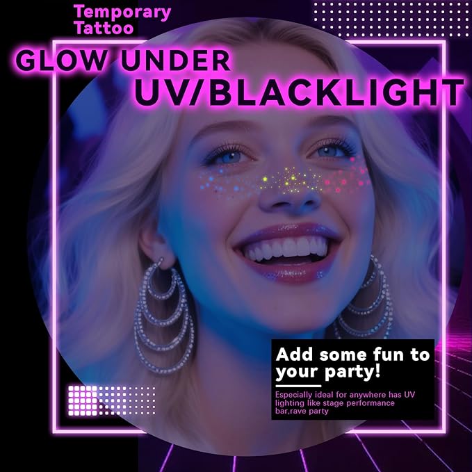 Noerrors 6pcs Rainbow Freckles Face Tattoo Sticker Glow under UV Light Blacklight in the Dark, Neon Fluorescent Glitter Colorful Star Fake Faux Freckle Temporary Patches Makeup for Party Supplies #02