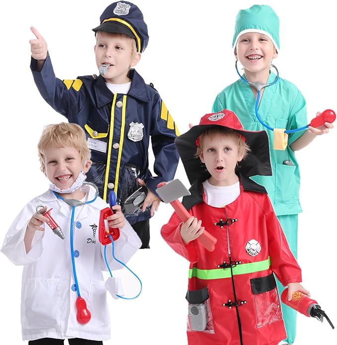 TopTie 4 Sets Kids Costumes w/Gift Box for Age 3-7, Halloween Children Dress Up Uniforms Fireman Doctor Police Surgeon