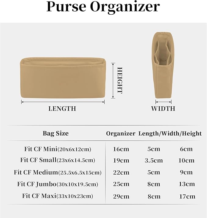 Classic Flap Bag Organizer Insert, Purse Organizer for Handbag Compatible with Chanel Classic Flap Jumbo, Multiple Pockets Bag Organizer (Chai, CF Jumbo)