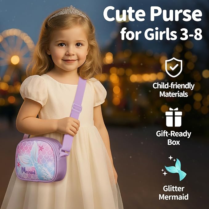 Girls Purse with Gift Box - Cute Toddler Purse for 3 4 5 6 7 8 Year Old Girls Birthday Christmas Gifts Kids Crossbody Bag with Adjustable Strap, Purple Mermaid