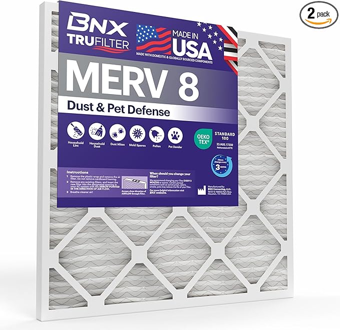 BNX TruFilter MERV 8 Compatible with AprilAire Replacement (2-Pack) - MADE IN USA - Air Conditioner Furnace Filters HVAC AC Furnace Filters for Dust, Pet, Mold, Pollen MPR 600-700 FPR 5 16x25x4