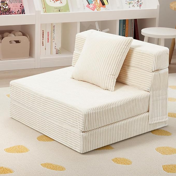 MeMoreCool Folding Sofa for Kids, Corduroy Fold Out Futon Chair, Small Foldable Floor Mattress, Portable Children Couch Sofa, Beige