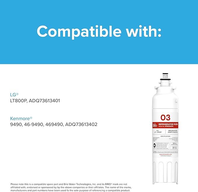 Brio LT800P & ADQ73613401 Water Filter Replacement for LG LT800p, ADQ73613401, ADQ73613402, ADQ73613408, ADQ75795104, Kenmore 46-9490, LSXS26326S, LMXC23746S, LMXC23746D, NSF 42, 53, 372, & 401