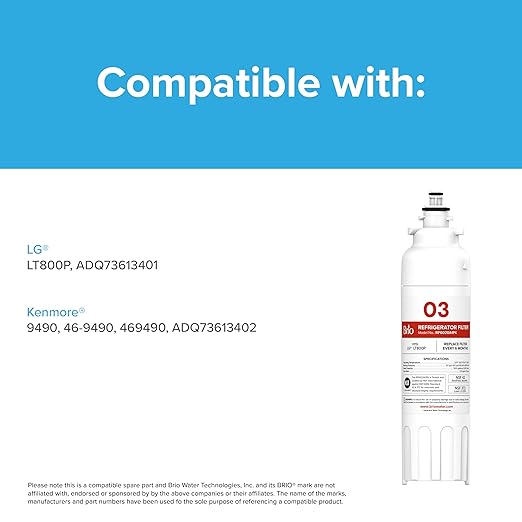 Brio LT800P & ADQ73613401 Water Filter Replacement for LG LT800p, ADQ73613402, ADQ73613408, ADQ75795104, Kenmore 46-9490, LSXS26326S, LMXC23746S, LMXC23746D, NSF 42, 53, 372, & 401 (3 Pack)