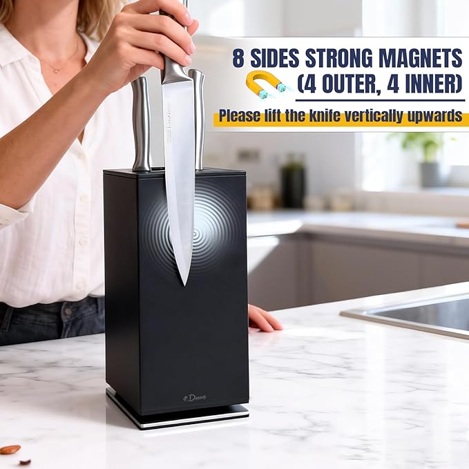 Dmore magnetic knife block without knives, 360° rotatable black magnet knife holder stand made of stainless steel, Extra Large capacity knife storage for knives and utensils for kitchen counter top
