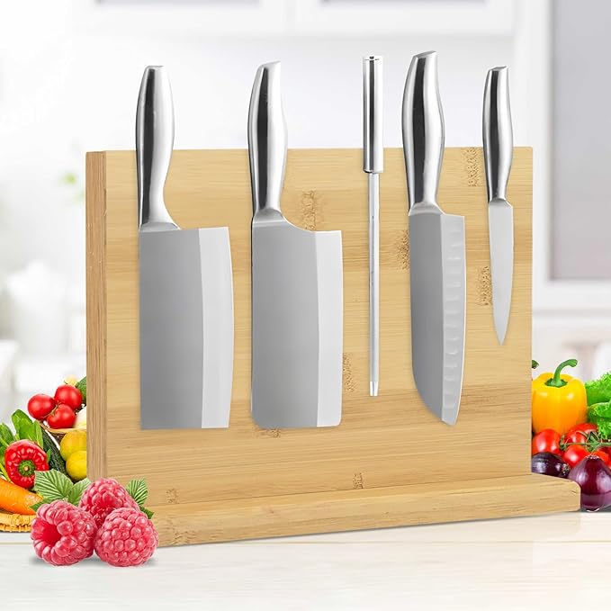 Double Sided Bamboo Magnetic Knife Stand,Kitchen Storage with Strong Magnets for Knives & Utensils,Modern Wooden Knife Block for Kitchen Countertops, Without Knives,10.9"x7"