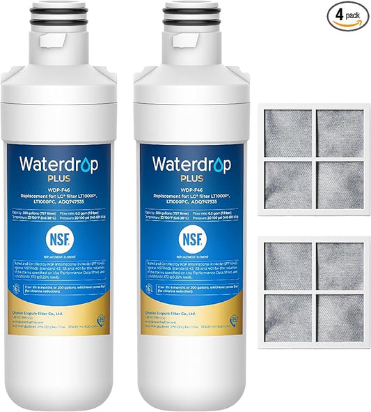 Waterdrop Plus LT1000PC ADQ747935 NSF 401 Refrigerator Water Filter and Air Filter, Reduce PFOA & PFOS, Replacement for LG® LT1000P®, LT-1000PC, LRFXC2406S, LMXS28596S, LFXC22526D and LT120F®, 2 Combo
