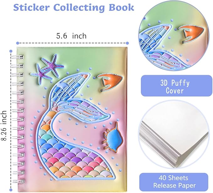 MUDOR Reusable Sticker Collecting Book with Puffy Cover, A5 Size with 40 Sheets Release Paper, Blank Stickers Storage Collection Album Organizer (Fish)