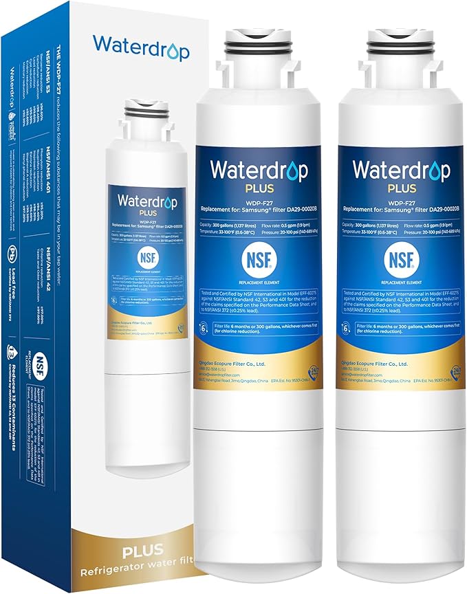 Waterdrop Plus DA29-00020B 𝐍𝐒𝐅 𝟒𝟎𝟏 𝐂𝐞𝐫𝐭𝐢𝐟𝐢𝐞𝐝 Refrigerator Water Filter, Replacement for Samsung® Water Filter DA29-00020B, HAF-CIN, HDX FMS-2, RF28HMEDBSR, 2 Filters (Package May Vary)