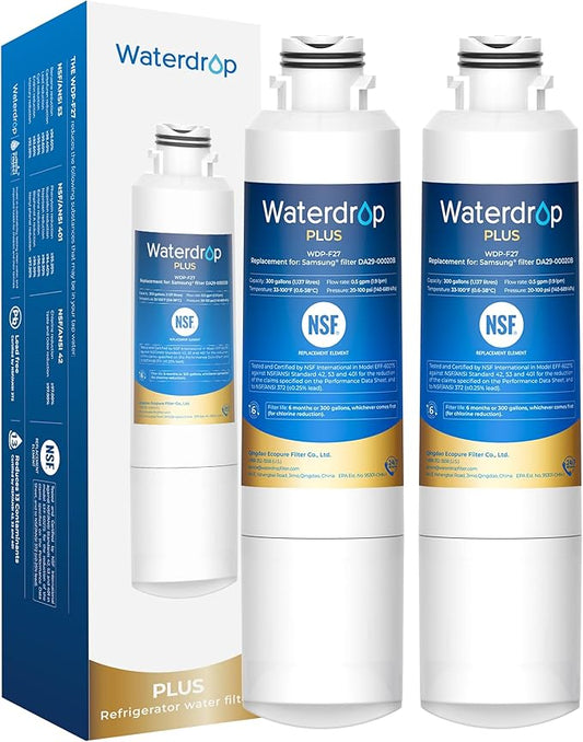 Waterdrop Plus DA29-00020B 𝐍𝐒𝐅 𝟒𝟎𝟏 𝐂𝐞𝐫𝐭𝐢𝐟𝐢𝐞𝐝 Refrigerator Water Filter, Replacement for Samsung® Water Filter DA29-00020B, HAF-CIN, HDX FMS-2, RF28HMEDBSR, 2 Filters (Package May Vary)
