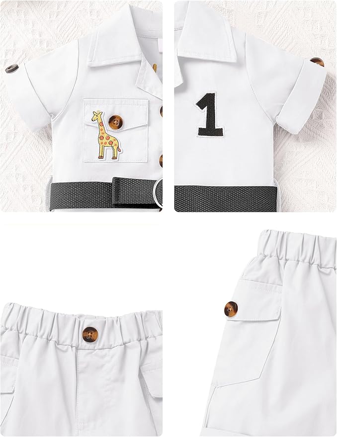ODASDO Baby Boy Jungle Safari 1st Birthday Cake Smash Outfit Button Down Shirt + Shorts + Hat + Bandana + Belt 5pcs Set