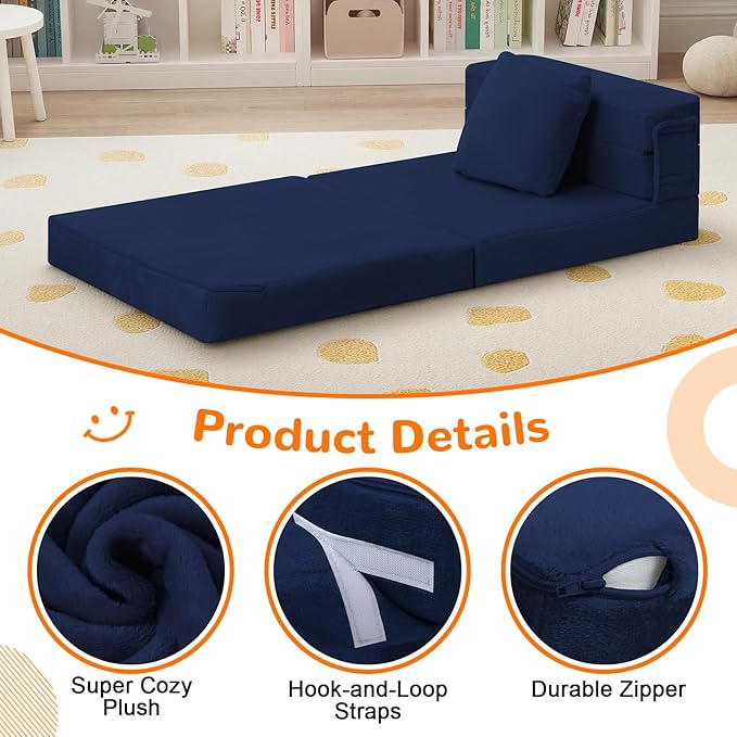 MeMoreCool Foldable Futon Chair Bed for Kids, Toddler Sofa Mattress, Convertible Foam Floor Couch, Tri-fold Sleeping Mattress (Navy)