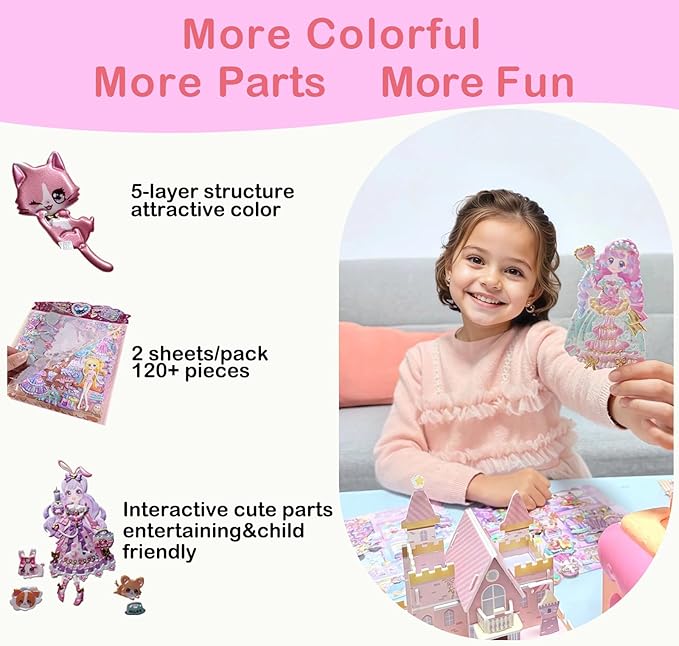 Princess Dress up Sticker Book with Pearl Gold Color(2 Sheets,120+Pieces),3D Puffy Reusable,Unicorn Cafe,for Craft Activity Book,Birthday Gift& Busy Book on Road Trip/Airplane Travel Activities